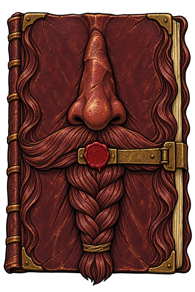 The Polemicon — a worn red-brown leather book with brass corners